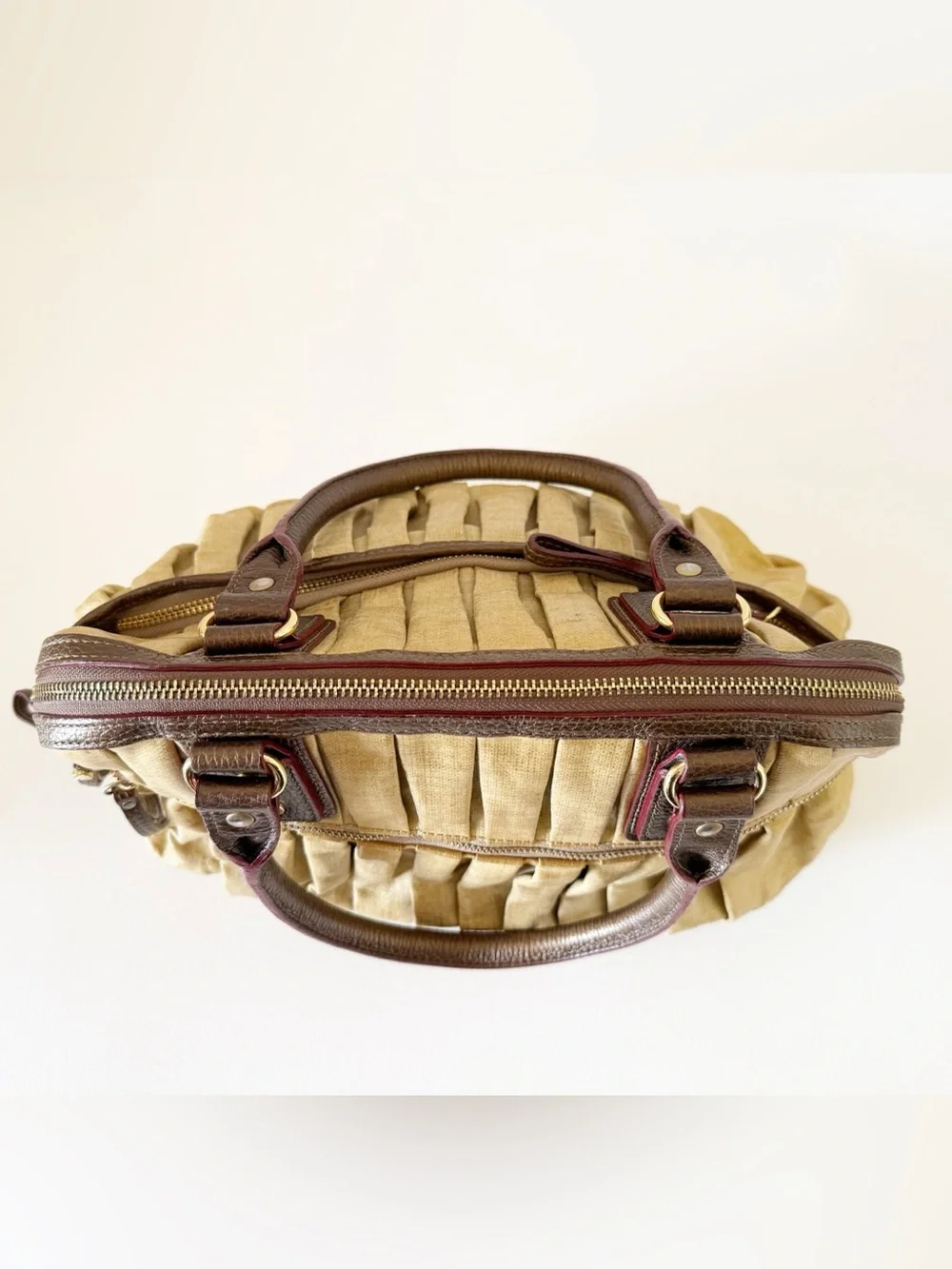 MZ Wallace Bag Bedford Bea Leather Pleated Canvas Satchel Metallic Gold - Picture 9 of 16